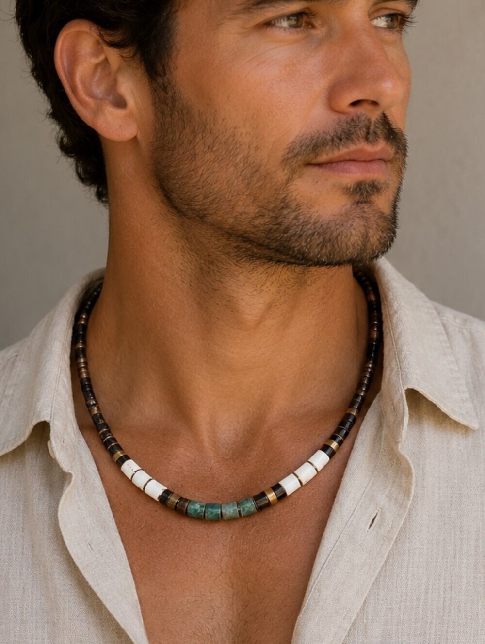 VTG SANTO DOMINGO White Brown Pen Heishi Shell Turquoise Brass Unisex Necklace